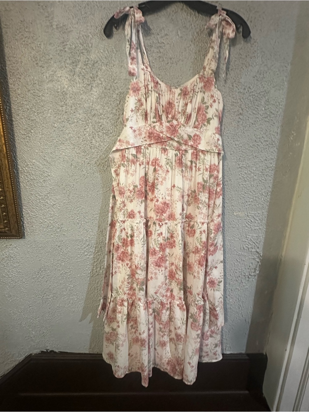 Trixxi Cream Midi Dress with Pink Floral Tiers and Tie Straps